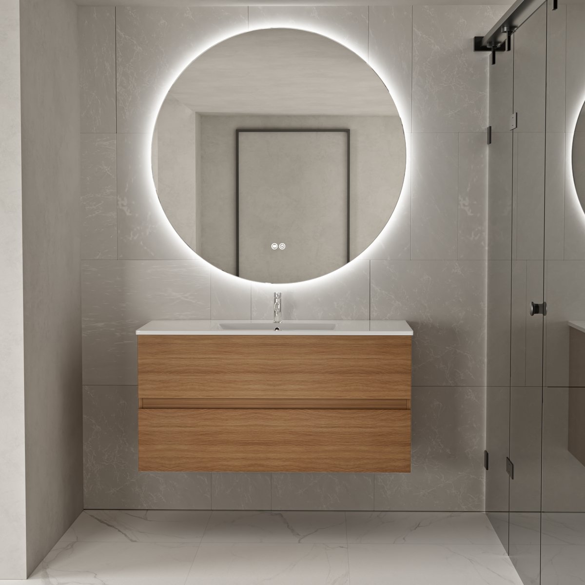 Badkamermeubel met wastafel Eiken 100 CM en Ronde LED Badkamerspiegel 100 CM - Complete Badkamermeubelset - Vestland