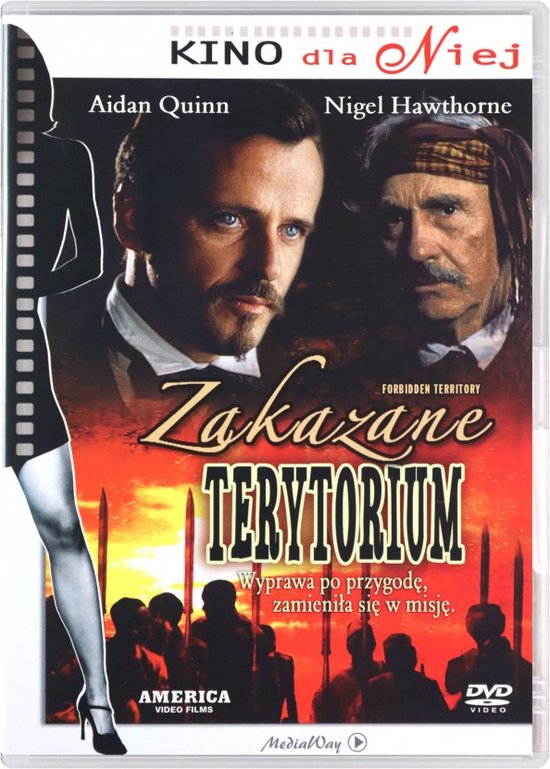 DVD-hoes met film "Zakazane Terytorium" met Aidan Quinn en Nigel Hawthorne. Filmtitel in gele letters.