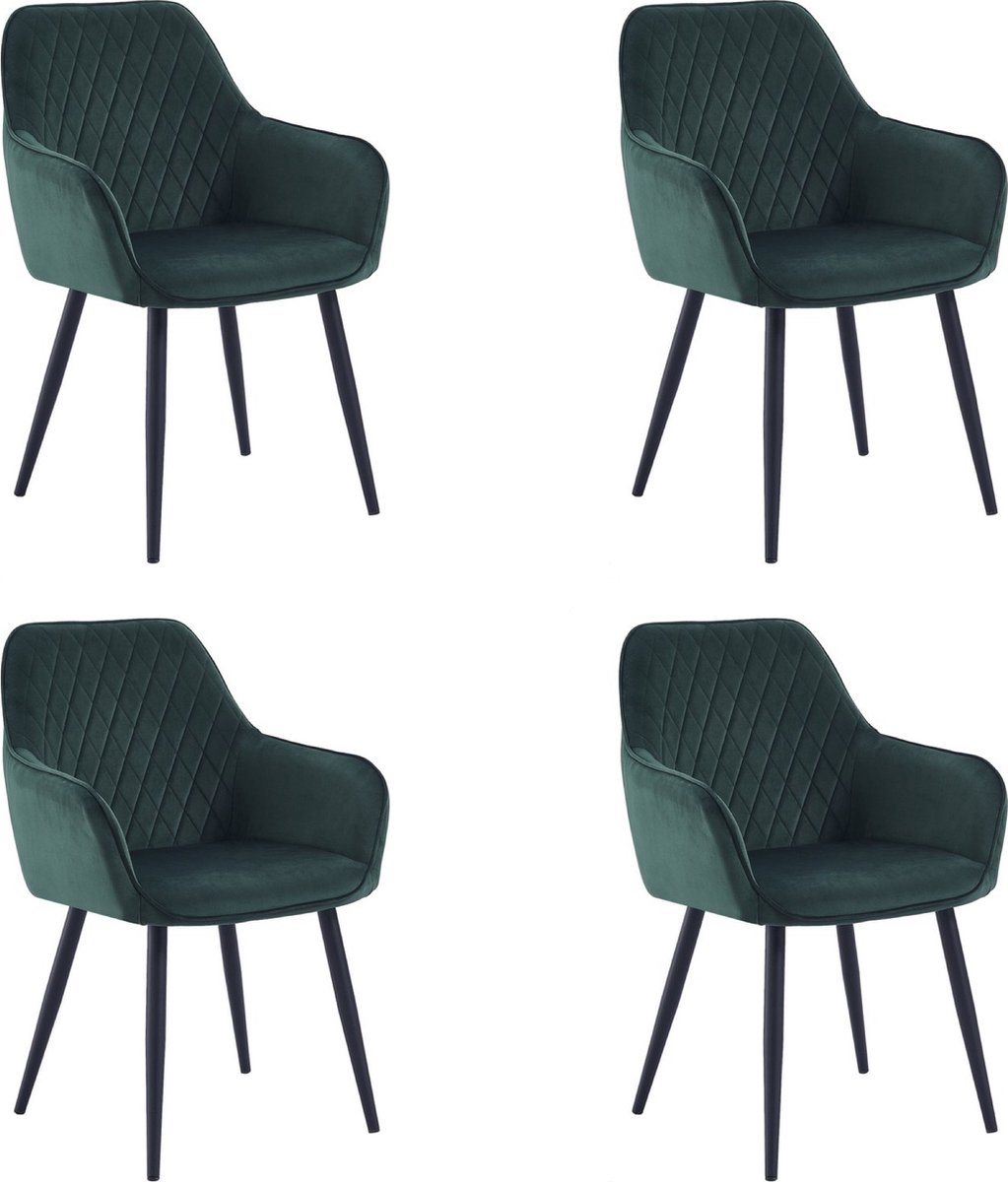 Colenis® - Beverly Eetkamerstoel - Set Van 4 - Groen - Fluweel - Met armleuning