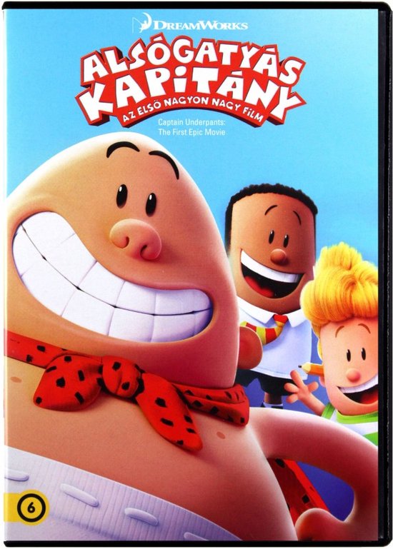Face avant de la jaquette du DVD Captain Underpants avec les personnages principaux George, Harold et Captain Underpants sur fond bleu clair.