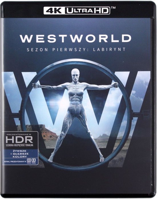 Voorzijde van de 4K Ultra HD Blu-ray-hoes van Westworld, met een robot-achtige figuur in een cirkelvormige opening.