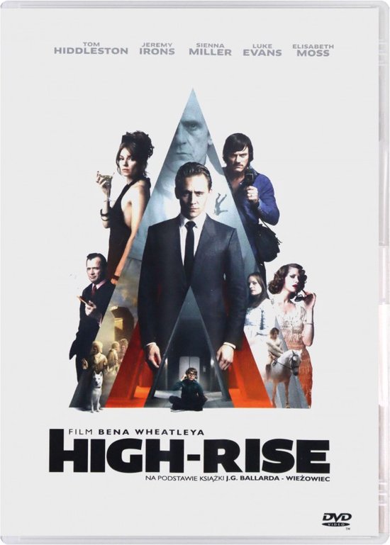 Filmcover van High-Rise met de cast in geometrische vormen en de tekst 'HIGH-RISE'.