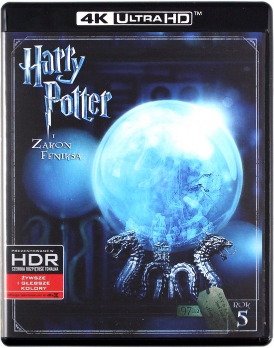Voorkant van de "Harry Potter en de Orde van de Feniks" 4K Ultra HD Blu-ray hoes met een blauwe bol en draken.