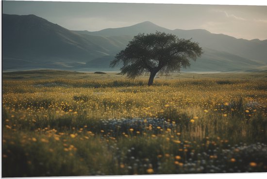 Dibond - Eenzame Grote Boom tussen Bloemen in het Veld - 90x60 cm Foto op Aluminium (Met Ophangsysteem)