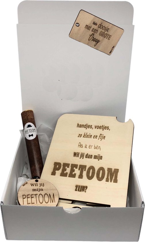 Geschenkbox Wil jij mijn PEETOOM zijn? | zwart | gsm-houder | sigaar | sleutelhanger | peter vragen | meter worden | peetoom vragen | peetoom worden | cadeau | doosje met een vraag