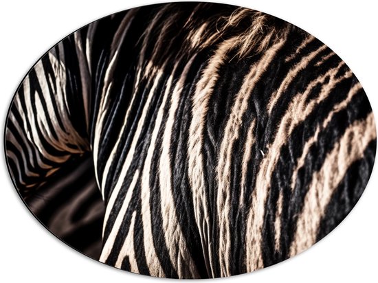 Dibond Ovaal - Close-up van Strepen van een Zebra - 56x42 cm Foto op Ovaal (Met Ophangsysteem)