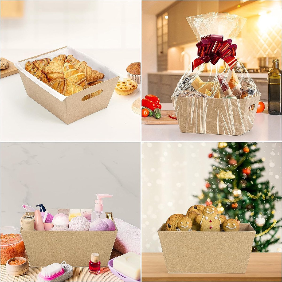Panier Cadeau Tressé En Corde De Coton - 30x20x12,5 Cm - Avec 3 Sacs En Cellophane Et 3 Rubans - Bleu - 5