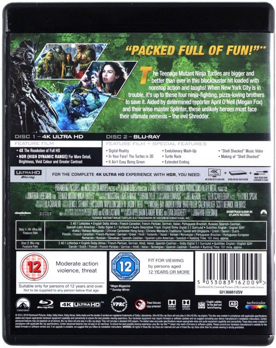 Achterkant van de Teenage Mutant Ninja Turtles 4K Ultra HD + Blu-ray verpakking met details over de film en speciale features.