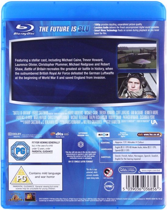 Achterkant van de Blu-ray hoes van 'Battle of Britain' met filminfo en tekst.