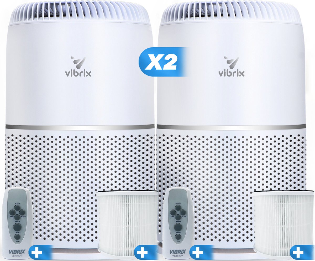 2 X Vibrix Vortex20 luchtreiniger + 2 afstandsbedieningen - Geschikt voor 1 m² tot wel 70 m² - Automatische stand + 6-in-1 HEPA filtersysteem - Luchtkwaliteitsindicator - Ionisator - Luchtfilter - Air purifier met HEPA-filter