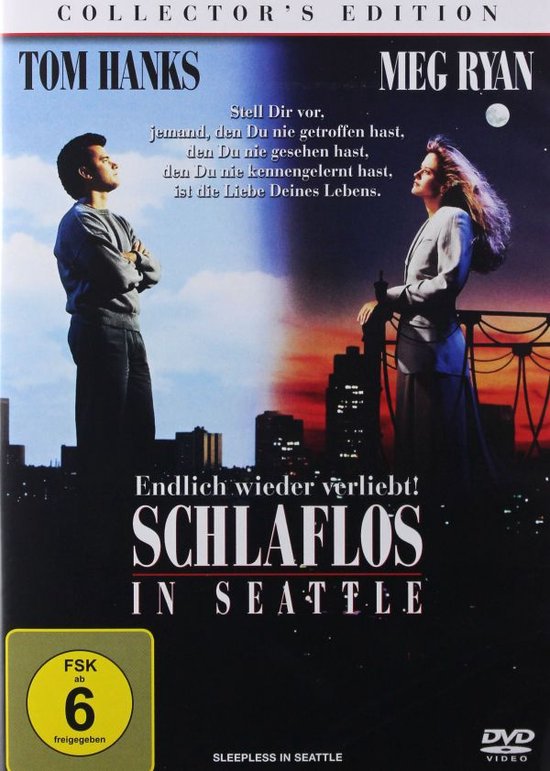 DVD hoes Sleepless in Seattle. Tom Hanks en Meg Ryan staan tegenover elkaar, met stadsgezicht op de achtergrond.