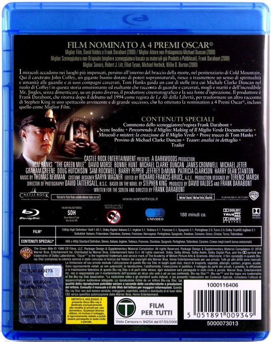 De achterkant van een Blu-ray hoes van The Green Mile met Tom Hanks, David Morse en Michael Clarke Duncan. In het Italiaans.