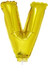 Gouden opblaas letter ballon V op stokje 41 cm