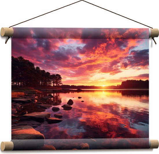 Textielposter - Kleurrijke Zonsondergang bij Groot Meer - 40x30 cm Foto op Textiel