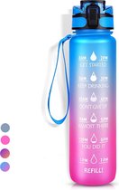 Waterfles met Tijdmarkeringen - Motiverende Drinkfles - Motivatie drinkfles - 1L drinkfles - Sportfles - Waterfles met rietje - Roze blauw - Antilek waterfles - Volwassenen - Kinderen