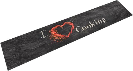 The Living Store Keukenmat Cookingprint zwart - 300 x 60 cm - Duurzaam materiaal - Slipvaste latex basis - Wasmachinebestendig - Handige opslag