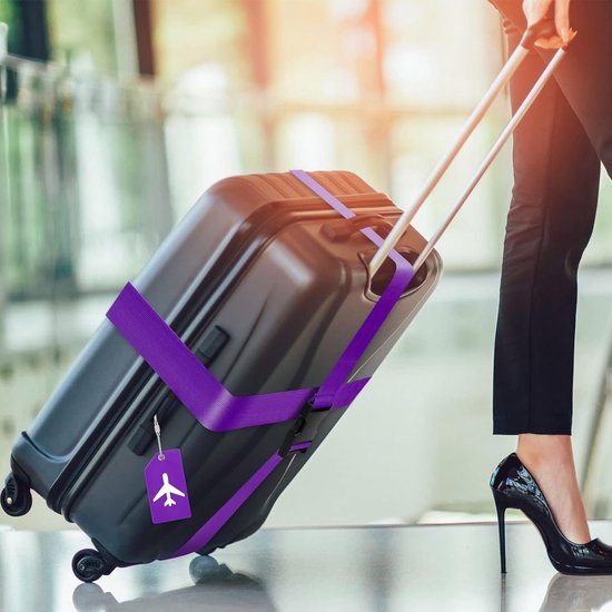 BOTC Kofferriem met Cijfer Slot - 4 stuks - 2 Kofferriem met cijferslot + 2 bagagelabels - 200 cm * 5 cm - Bagage Riem - Bagageband - Verstelbaar - Paars