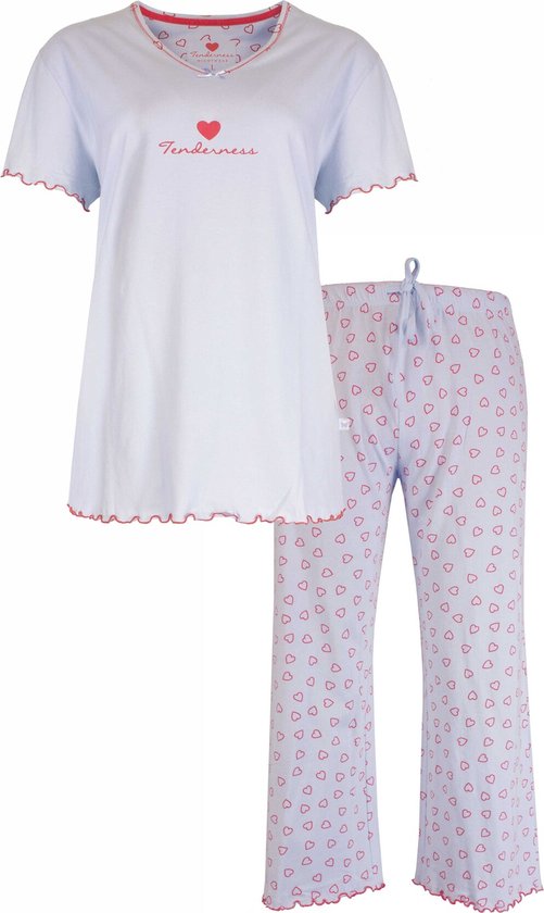Tenderness Dames Pyjama Set - Hartjes print - Licht Blauw - Maat XXL