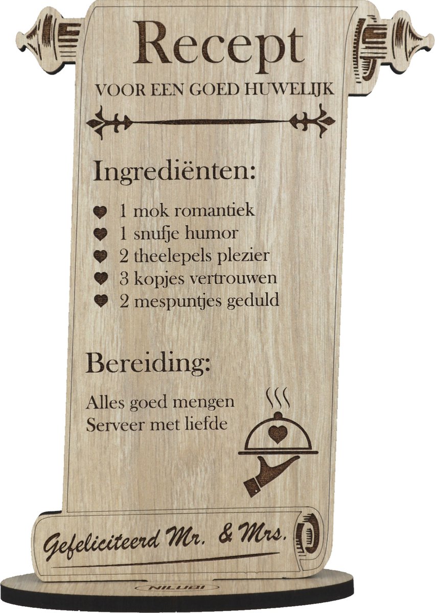 Recept huwelijk - kaart van hout - houten wenskaart - huwelijkscadeau Mr Mrs - 17.5 x 25 cm