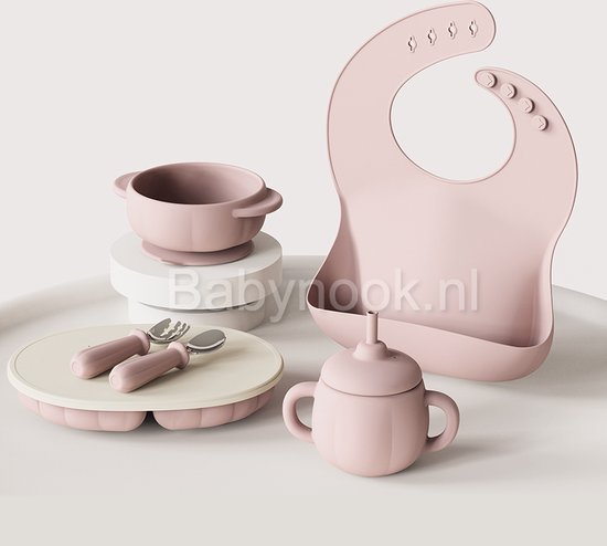 Foto: Licht roze complete set kinder baby servies met siliconen zuignap anti slip bpa vrij onbreekbaar magnetronbestendig vriezerbestendig vaatwasserbestendig