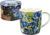 Porseleinen thee- of koffiemok in een metalen blikje thee koffie suiker opbergdoos met deksel bedrukte Vincent van Gogh irissen