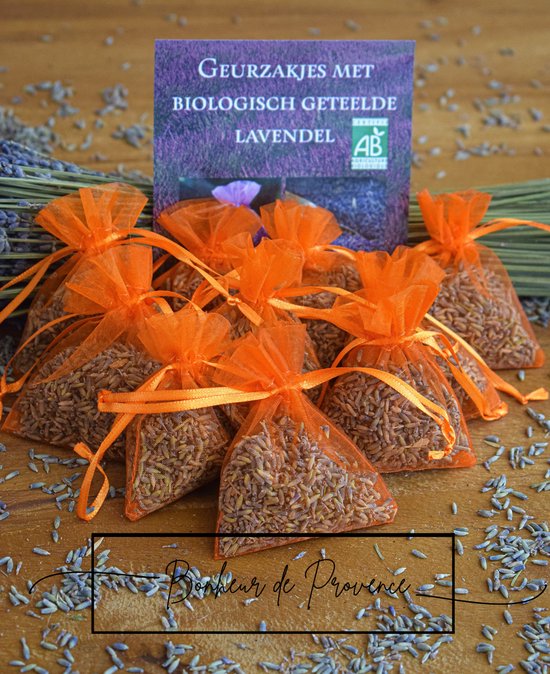 Bonheur de Provence - Geurzakjes lavendel -biologische lavendel uit de Provence - 10 oranje organza zakjes - 6 gram per zakje
