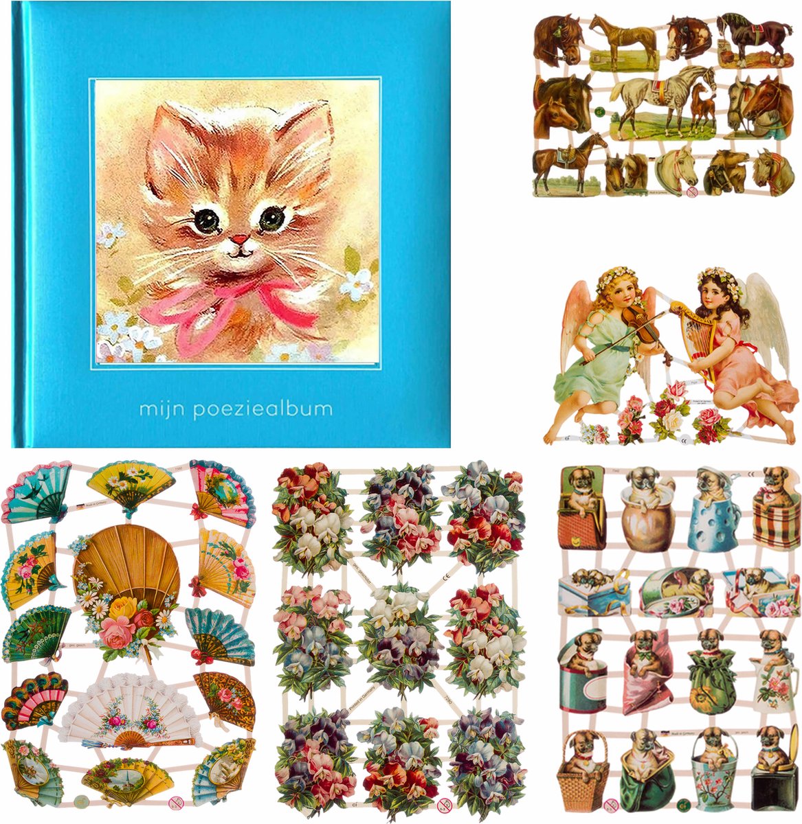 Poëziealbum - 16x16 - Lichtblauw Poes met roze strik - met 5 vellen Poëzieplaatjes - Versjes - Gedicht - Cadeau - Sint - Geschenk - Knutselen - Hobby - Creatief - Scrapbook - Poezie