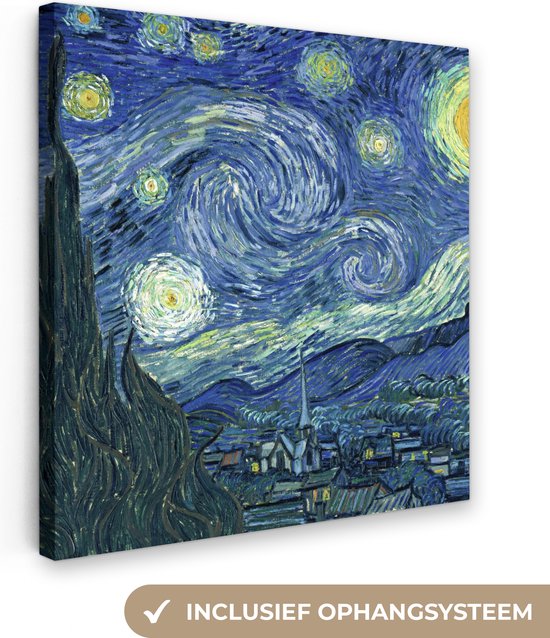 Canvas - Schilderij Sterrennacht - Schilderij - Oude meesters - Vincent van Gogh - 50x50 cm - Wanddecoratie - Woonkamer