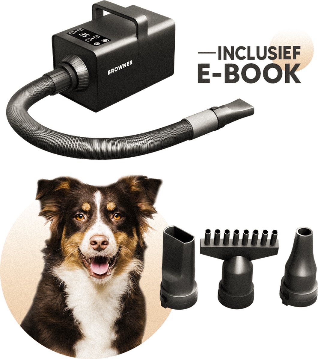 Browner Professionele Hondenföhn met Touchscreen - 3200W - Met 4 verschillende opzetstukken - Waterblazer voor Honden - Zwart - Stil Design