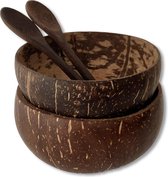 Set kokosnootschalen en -lepels - 2 houten kommen en 2 lepels, perfecte serveerschalen voor Açai Poke Smoothies-salades