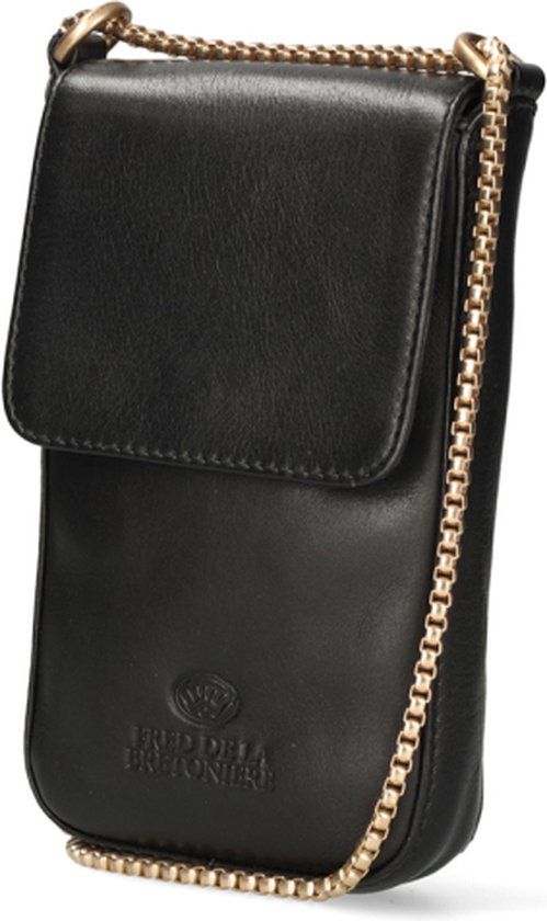 Zwarte Fred de la Bretoniere telefoontas van leer met goudkleurige schakelketting.