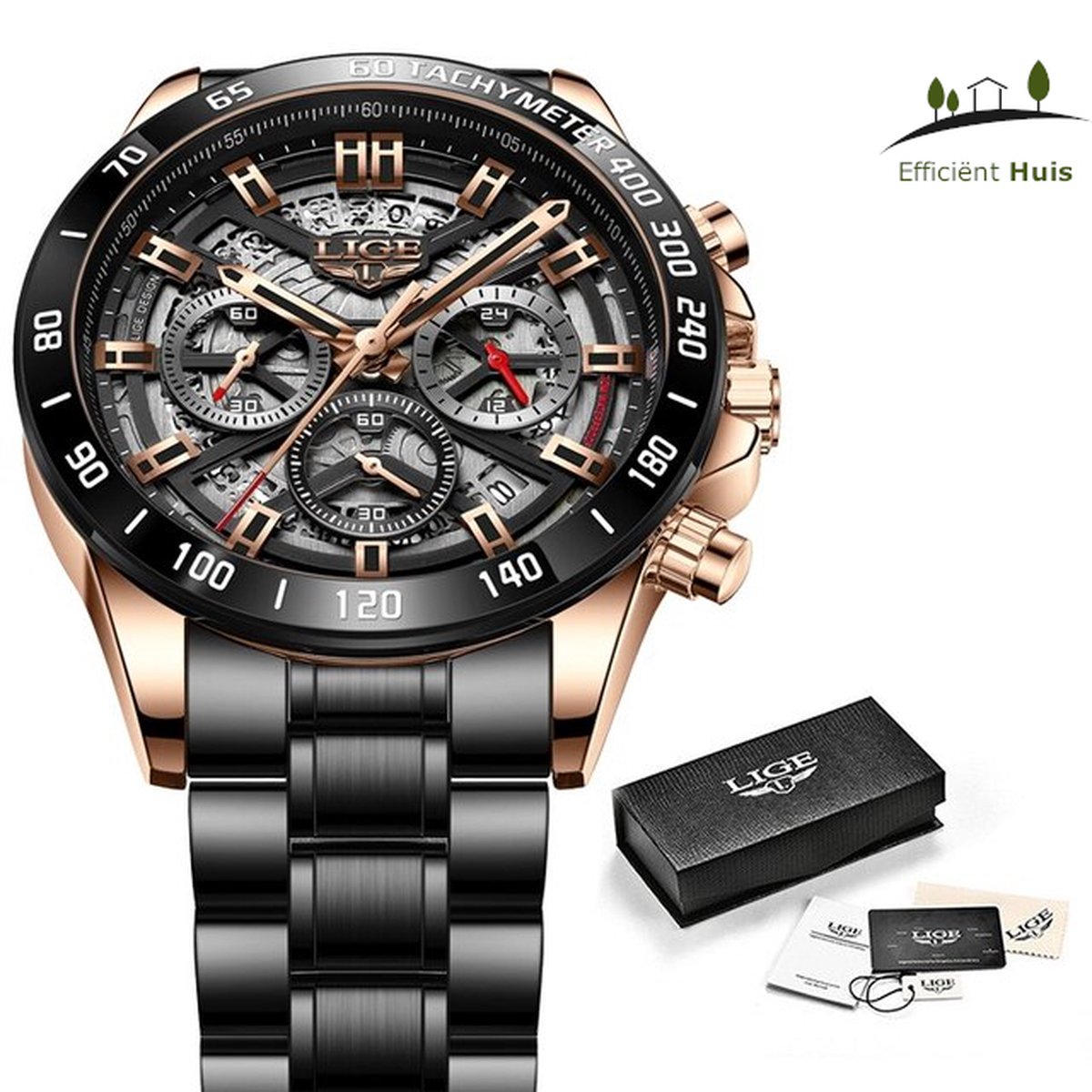 Lige Heren Horloge - Goud Zwart - Quartz Horloge - Waterdicht 30m - 44mm