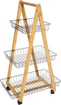 Luxaliving - Multifunctionelle trolley - Bamboe - Zwart - kar op wielen – 3-laagse kast – stellingkast – rolkast – keukentrolley – keukentrolley op wieltjes – L37xB39xH85 CM