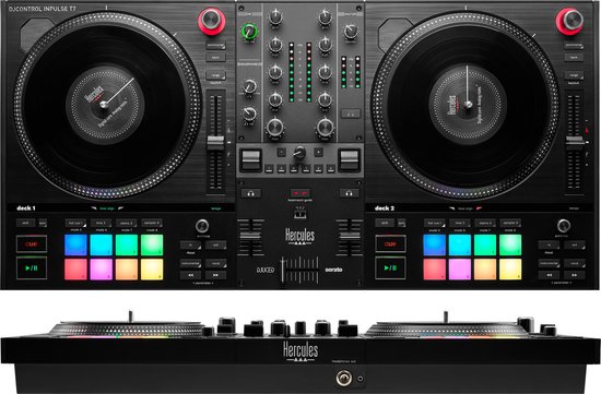 Zwarte Hercules DJControl Inpulse T7 DJ-controller met twee decks, verlichte pads, bekeken vanaf de voorkant en bovenkant.