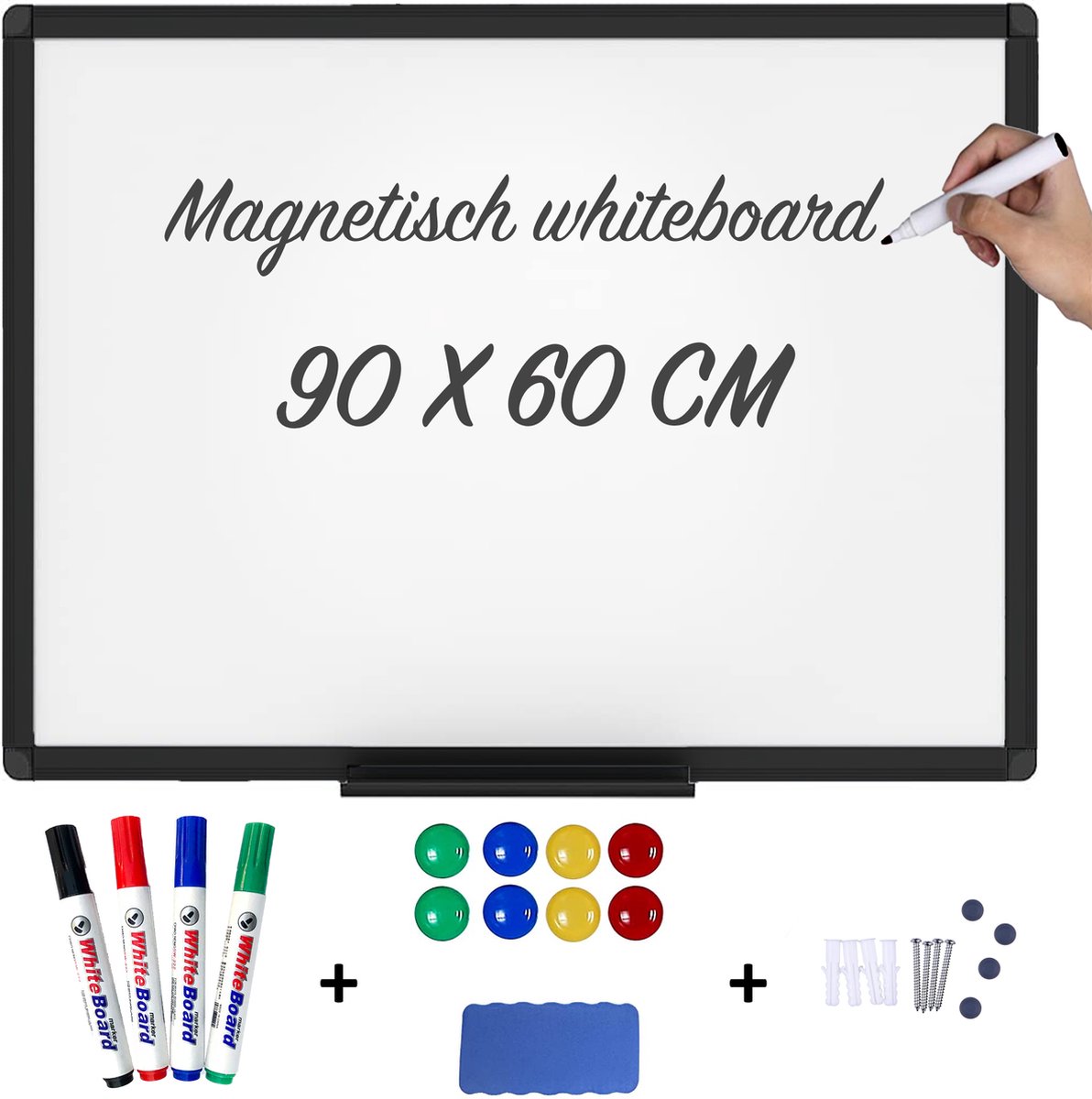 Lenx whiteboard met Zwart Gecoate Rand- 10 in 1 Set - Magnetisch bord - 60 x 90 cm - Inclusief Stiften, Marker en Magneten - Krasvast memobord - Schoolbord - Emaille magneetbord - Lenx