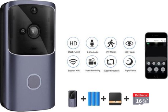 DrPhone ® HawkX5 - Video Deurbel Cloud – Wireless Camera - Micro SD - Intercom - Wifi + 4G - Inclusief App + Bel & 16GB Micro SD Meter Kabel - Zwart
