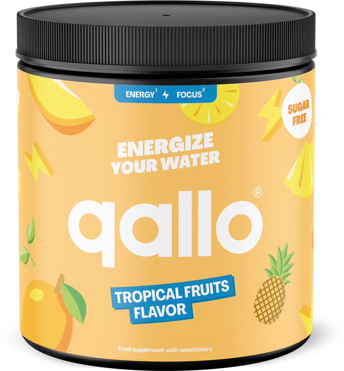 Qallo Energy Drink Poeder Tropical Fruits Tub - 40 porties - Vegan Suikervrije Energizer - Met Vitamine B - Inhoud 40 x 7gr
