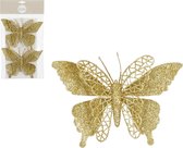 House of Seasons decoratie vlinders op clip - 2x stuks - goud - 16 cm
