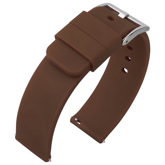 Bracelet de montre en silicone marron avec boucle argentée, enroulé