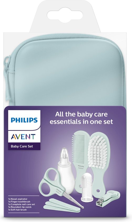 Philips Avent babyverzorgingsset in mintgroene verpakking, met daarin de producten: borstel, kam, schaar, nagelknipper, neusaspirator, vingerborstel en nagelvijl.