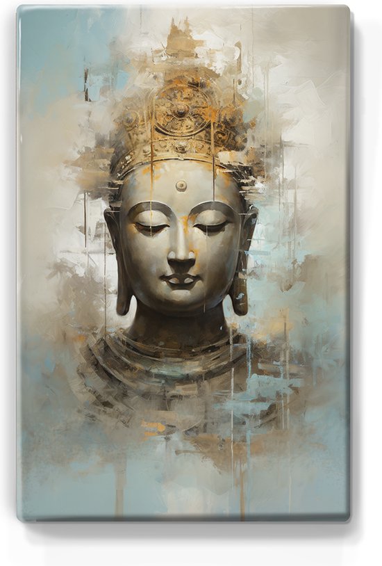 Boeddha met gouden Kroon - Mini Laqueprint - 9,6 x 14,7 cm - Niet van echt te onderscheiden handgelakt schilderijtje op hout - Mooier dan een print op canvas. - LPS519