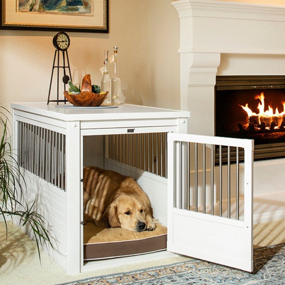 New Age Pet InnPlace™ Hondenbench & bijzettafel - Roestvrijstalen spijlen – Ecoflex - Maat: S - 60 x 46 x 56 cm , Kleur: Antique White