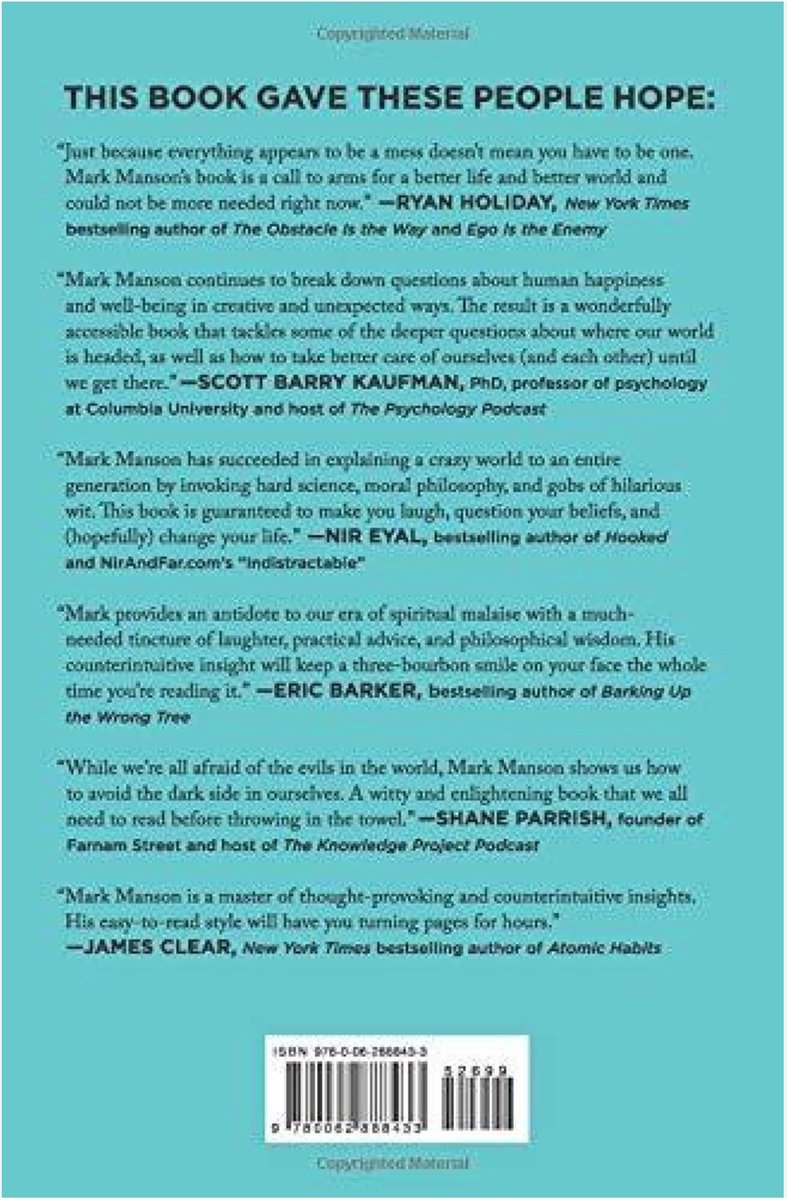 Dos du livre 'Everything Is F*cked' avec des critiques de Ryan Holiday, Scott Barry Kaufman, Nir Eyal, Eric Barker, Shane Parrish et James Clear.