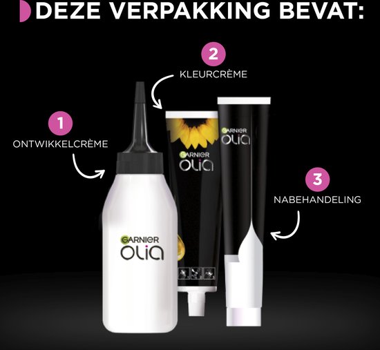 Garnier Olia verpakking bevat: 1 ontwikkelcrème, 1 kleurcrème en 1 nabehandeling.