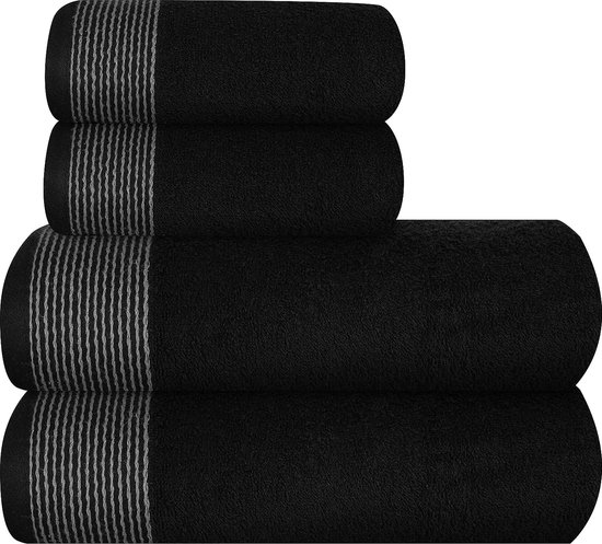 Ultra Soft Set van 4 handdoeken, katoen, bevat 2 extra grote badhanddoeken 70 x 140 cm, 2 handdoeken 50 x 90 cm, voor dagelijks gebruik, compact en licht, zwart