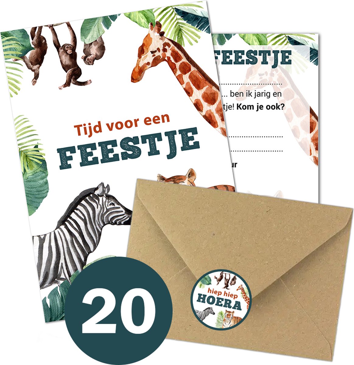 Uitnodiging Kinderfeestje + Enveloppen & Sluitstickers - Voordeelset 20 stuks - Dieren Uitnodiging verjaardag - Jongen of meisje - uitnodigingskaarten + kraft envelop - Verjaardag Feest