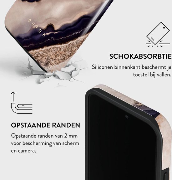 iPhone 15 hoesje met marmerpatroon in paars, goud en beige, met opstaande randen en schokabsorptie.