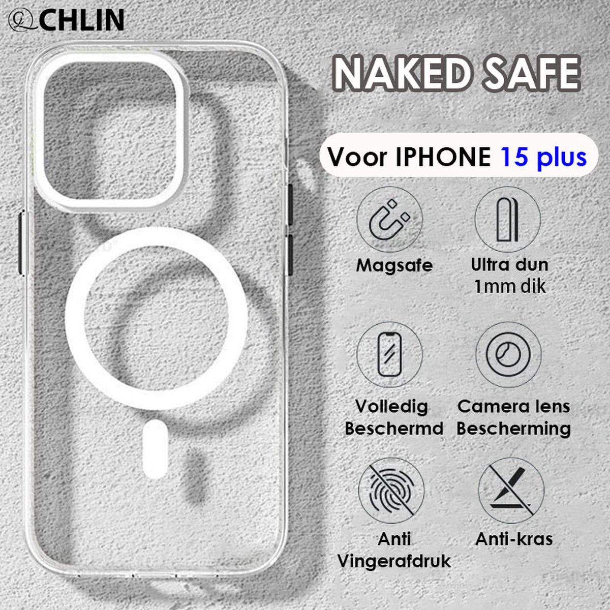 CL CHLIN Naked Safe - transparant Hoesje voor Iphone 15 plus met Magsafe magneet en Matrix airbag - Iphone 15 hoesje nieuw model - Dun hoesje iphone 15 plus - Iphone 15 plus - Iphone 15 plus Accessoires - iphone 15 plus case - Kerstcadeau