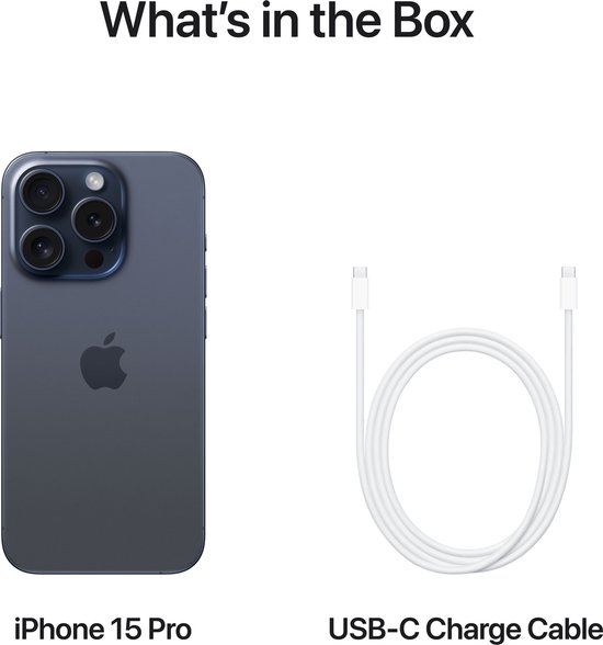 iPhone 15 Pro donkerblauw en een witte USB-C oplaadkabel.