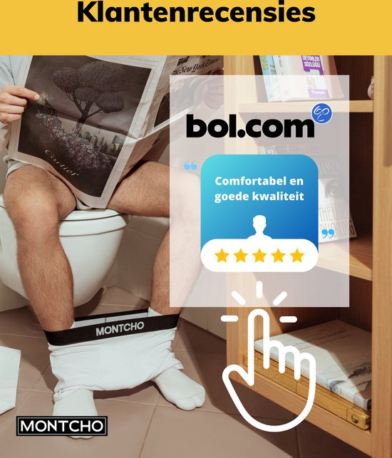 Man op toilet met Montcho boxershorts, leest krant. "Comfortabel en goede kwaliteit".